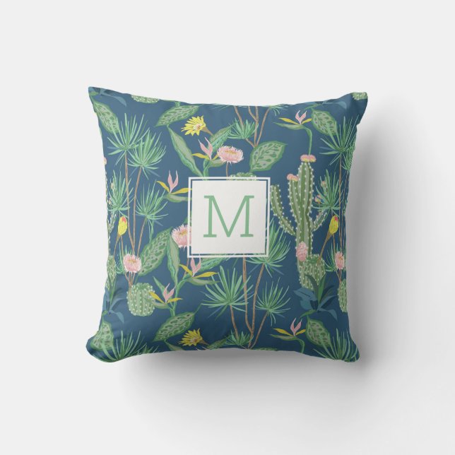 Desert Cactus, Flowers, Palm Trees Monogram Custom Outdoor Pillow (Front)