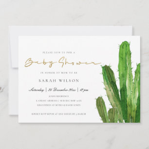 DESERT CACTUS FOLIAGE GOLD WATERCOLOR BABY SHOWER INVITATION