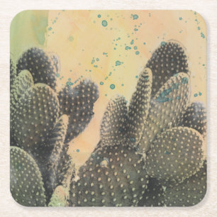 Desert Cactus Green Splatter Square Paper Coaster