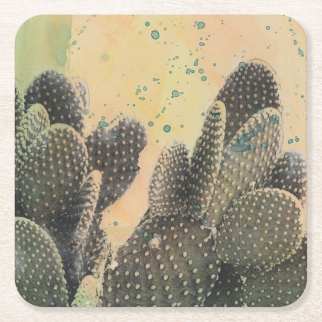 Desert Cactus | Green Splatter Square Paper Coaster (Front)