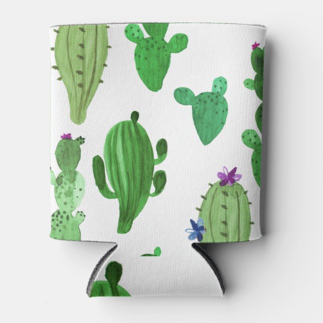 Desert Cactus: Green Watercolor Illustration Can Cooler (Front)