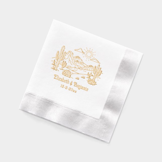 Desert Cactus Landscape #3 Couple Name Date Foil Napkins (Left)