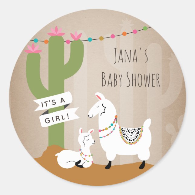 Desert Cactus Llamas Girl Baby Shower Classic Round Sticker (Front)
