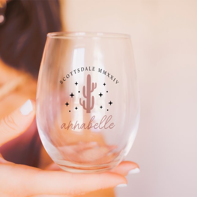 Desert Cactus Personalized Bachelorette Party Stemless Wine Glass (Creator Uploaded)