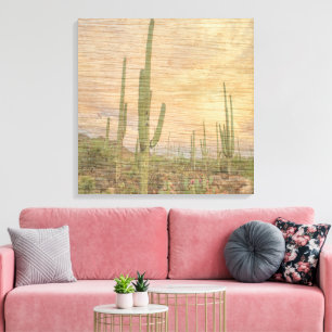 Desert Cactus Plants On Wood Grain Photo Image Canvas Print