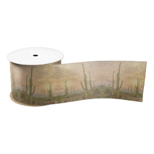 Desert Cactus Plants On Wood Grain Photo Image Satin Ribbon