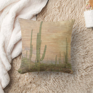 Desert Cactus Plants On Wood Grain Photo Image Throw Pillow