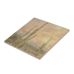Desert Cactus Plants On Wood Grain Photo Image Tile