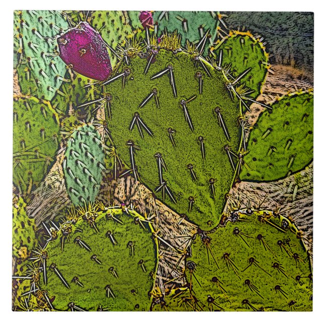 Desert Cactus Prickly Pear Decorative Digital Art  Tile (Front)