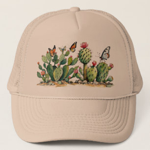 Desert Cactus Prickly Pear Plants with Butterflies Trucker Hat