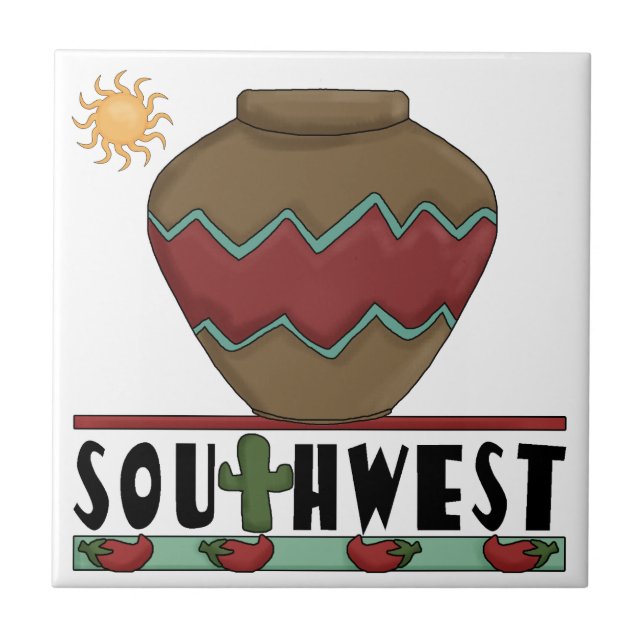 Desert Cactus, Red Chilis, Pottery - Southwest Tile (Front)