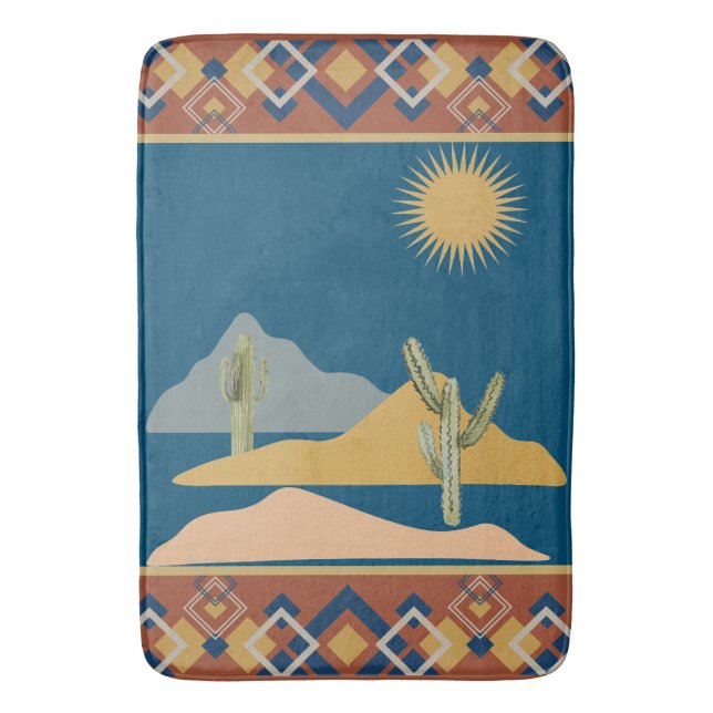 Desert Cactus Scene and Geometric Trim Bath Mat (Front Vertical)