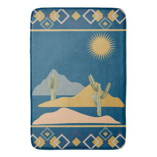 Desert Cactus Scene and Geometric Trim Bath Mat