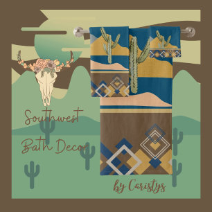 Desert Cactus Scene and Geometric Trim Bath Towel Set