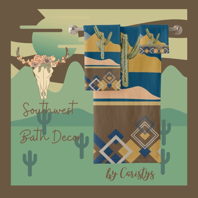 Desert Cactus Scene and Geometric Trim Bath Towel Set (Southwest Bath Decor
Available in Golden Rod, Clay, Brown, Olive, Navy, Smokey Teal)