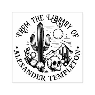 Desert Cactus Scene w/ Skull #3P Library Book Name Self-inking Stamp