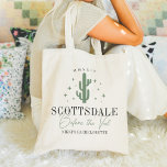Desert Cactus Scottsdale Bachelorette Party Tote Bag<br><div class="desc">Welcome guests to your destination bachelorette weekend with these cute personalized tote bags. Design features a green cactus illustration flanked by stars, with two lines of custom text beneath; shown with "Scottsdale Before the Veil". Add your event name along the bottom, and the year curved across the top. Colours can...</div>