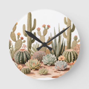 Desert Cactus Succulent Garden Watercolor Round Clock