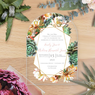 Desert Cactus Succulent Geometric Gold Wedding Acrylic Invitations