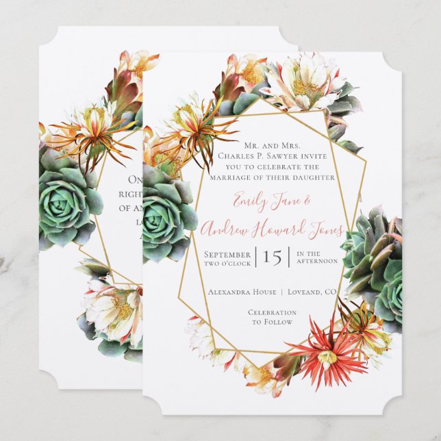 Desert Cactus Succulent Gold Geometric Invitation (Front/Back)