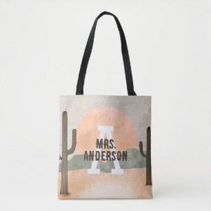 Desert Cactus Sun Personalized Initial Last Name Tote Bag