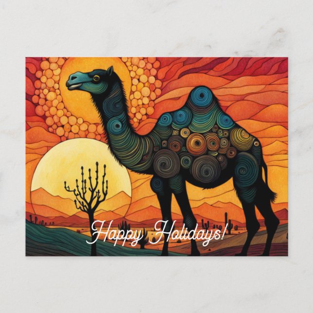 Desert Camel at Sunset Colourful Happy Holidays Postcard (Front)