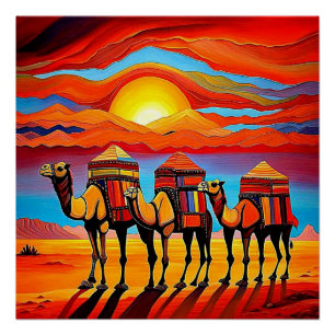Desert Camel caravan at sunset 1 Poster