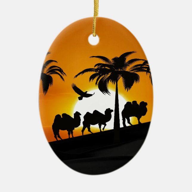 Desert Camels at sunset Ceramic Ornament (Front)