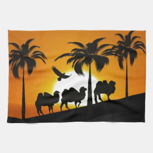 Desert Camels at sunset Kitchen Towel