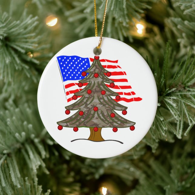 Desert Camouflage Christmas Tree w/American Flag Ceramic Ornament (Tree)