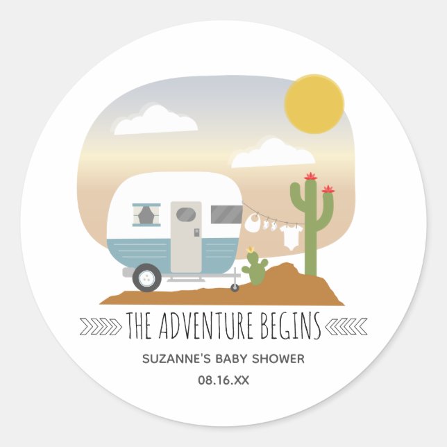 Desert Camper Clothesline Blue Baby Shower Classic Round Sticker (Front)