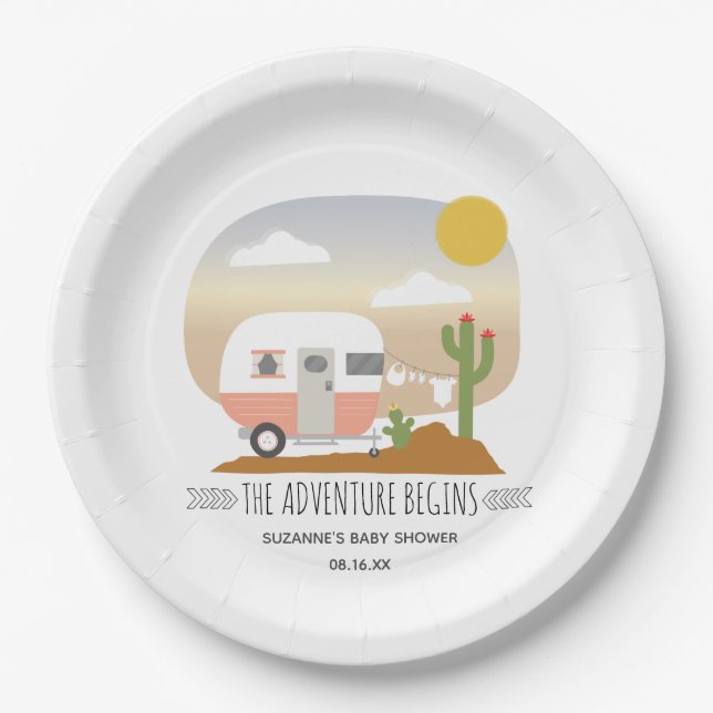 Desert Camper Clothesline Pink Baby Shower Paper Plate (Front)