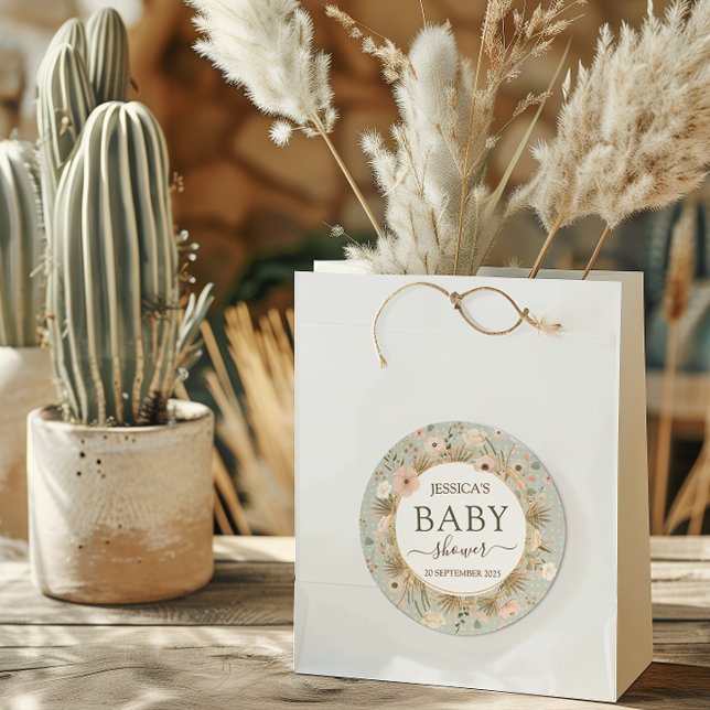 Desert Chic Baby Shower Classic Round Sticker (Let us take the prickles out of your baby shower planning with this “sand-tastic” desert chic theme.)