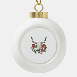Desert Cow Skull Vintage Southwest Cactus Art Ceramic Ball Christmas Ornament