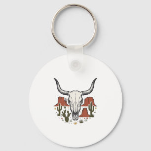 Desert Cow Skull Vintage Southwest Cactus Art Keychain