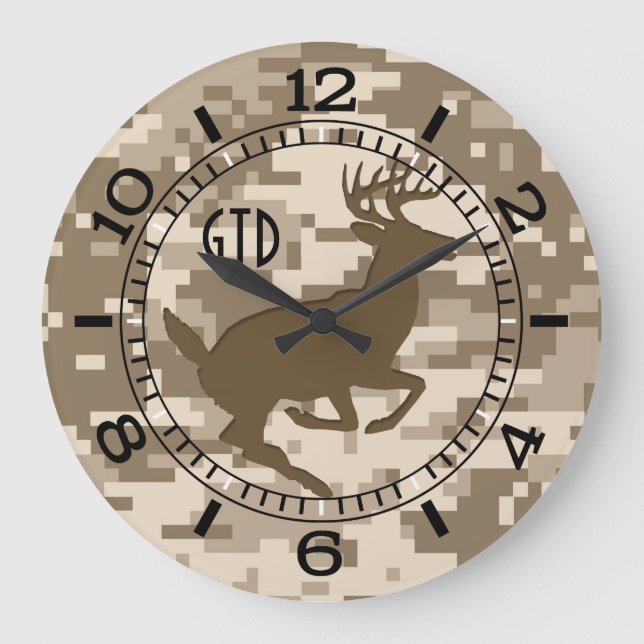 Desert Digital Camouflage Jumping Deer Monogram Large Clock (Front)