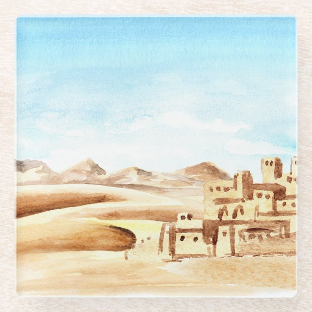 Desert Dunes African City Watercolor Glass Coaster (Front)