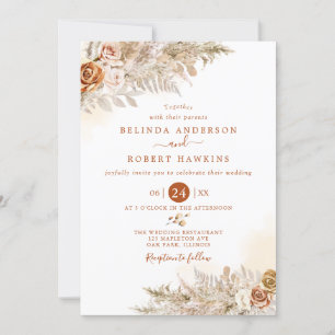 Desert Earthy Fall Boho Rose Pampas Grass Wedding  Invitation