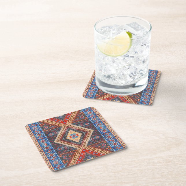 Desert Echoes: Southwestern Boho Heritage Square Paper Coaster (Insitu)