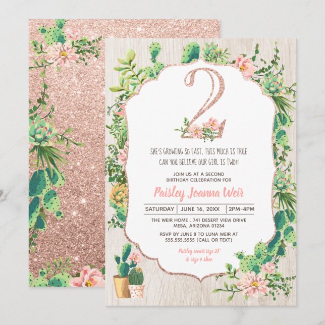 Desert Flower Glitter 2 Second Birthday Invitation (Front/Back)