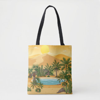 Desert forest landscape at sunset scene with oasis tote bag