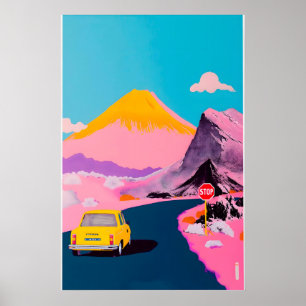 Desert Highway Art Print Yellow Car, Volcano