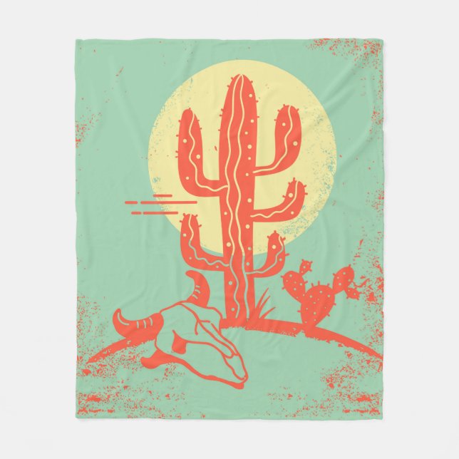 Desert landscape with Cactuses and cow skull. Vint Fleece Blanket (Front)