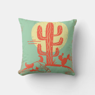 Desert landscape with Cactuses and cow skull. Vint Throw Pillow