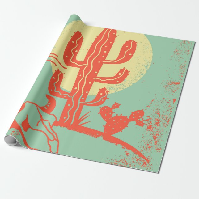 Desert landscape with Cactuses and cow skull. Vint Wrapping Paper (Unrolled)