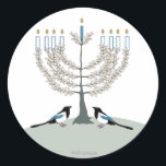 DESERT LIFE Hanukkah 2 Magpies/menorah Classic Round Sticker<br><div class="desc">Hanukkah 2 magpies under a sagebrush Menorah for DESERT LIFE HANUKKAH cards -- sticker for packages. Please see more in Hanukkah - Desert Life collation at www.zazzle.com/spacetempodesign*.</div>