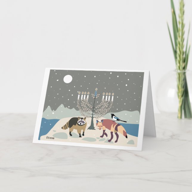Desert Life Hanukkah: raccoon, magpie and fox Holiday Card (Front)