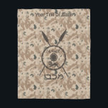 Desert Maccabee Shield And Spears Fleece Blanket<br><div class="desc">A military brown "subdued" style depiction of a Maccabee's shield and two spears on a desert camo background. The shield is adorned by a lion and text reading "Yisrael" (Israel) in the Paleo-Hebrew alphabet. Hebrew text reading "Maccabee" also appears. Add your own additional text. The Maccabees were Jewish rebels who...</div>