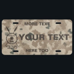 Desert Maccabee Shield And Spears License Plate<br><div class="desc">A military brown "subdued" style depiction of a Maccabee's shield and two spears on a desert camo background. The shield is adorned by a lion and text reading "Yisrael" (Israel) in the Paleo-Hebrew alphabet. Hebrew text reading "Maccabee" also appears. There are also three places for your own text. The Maccabees...</div>