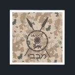 Desert Maccabee Shield And Spears Napkin<br><div class="desc">A military brown "subdued" style depiction of a Maccabee's shield and two spears on a desert camo background. The shield is adorned by a lion and text reading "Yisrael" (Israel) in the Paleo-Hebrew alphabet. Modern Hebrew text reading "Maccabee" also appears. The Maccabees were Jewish rebels who freed Judea from the...</div>